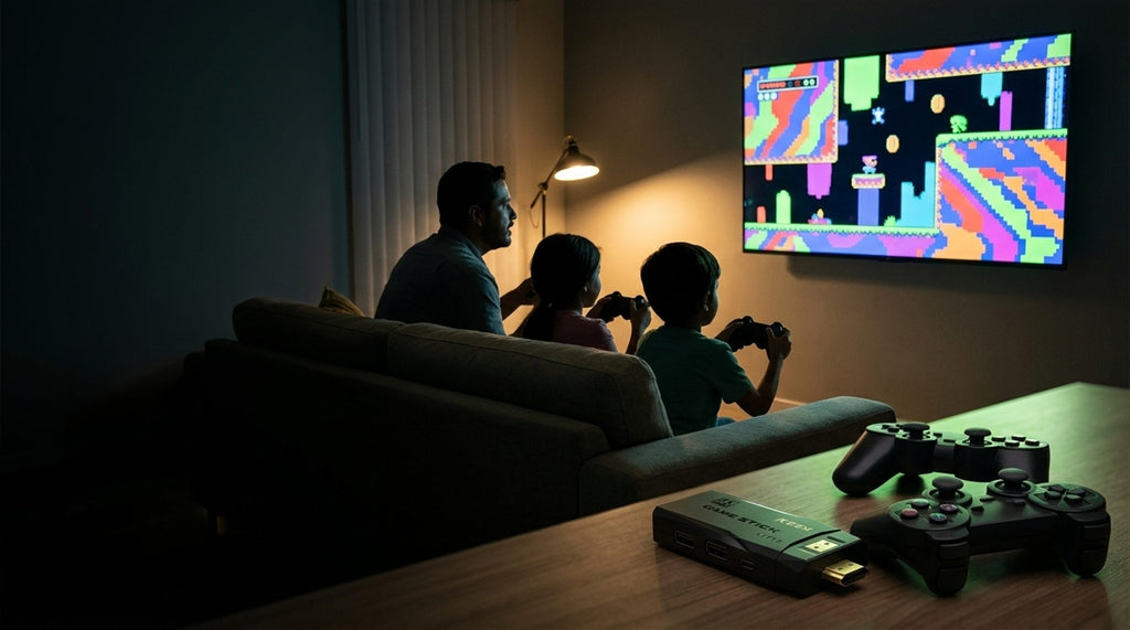 Familia jugando en el televisor con el Game Stick Lite 4K conectado