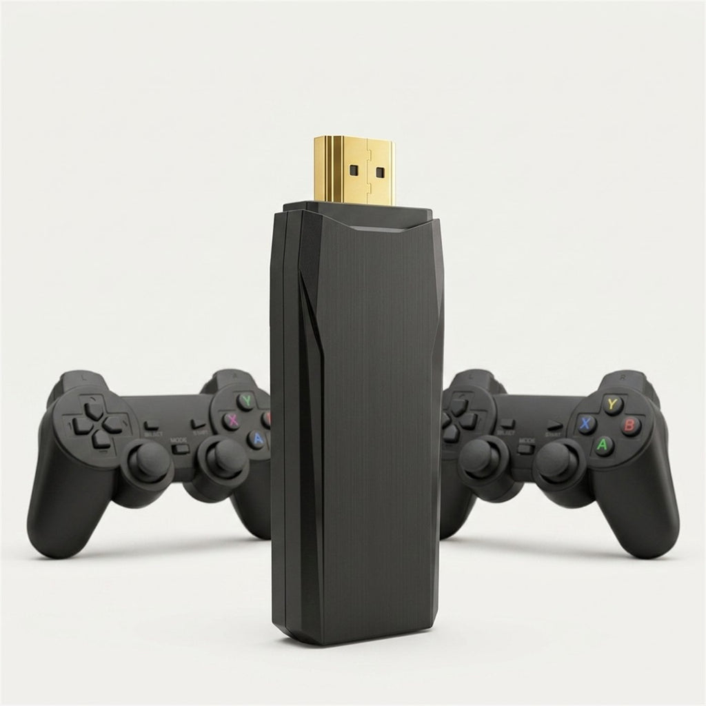 Game Stick Lite 4K con sus dos controles inalámbricos sobre fondo blanco