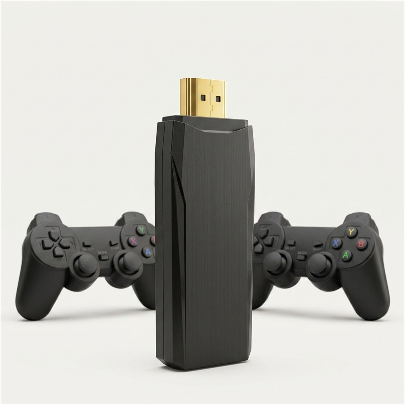 Game Stick Lite 4K con sus dos controles inalámbricos sobre fondo blanco