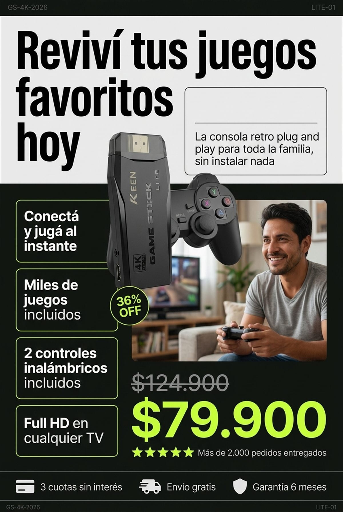 Game Stick Lite 4K con dos controles inal&aacute;mbricos, oferta 36% off a 79.900 pesos