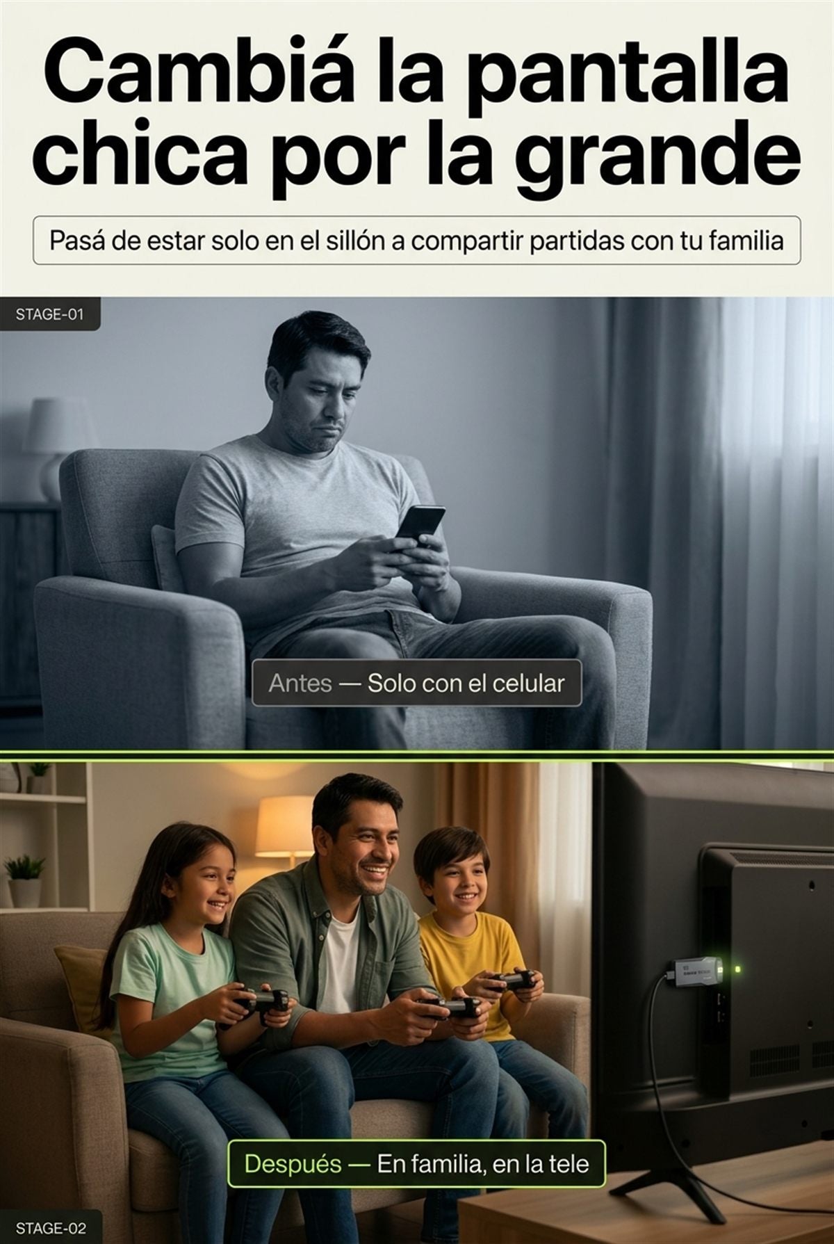Antes y despues: de jugar solo en el celular a jugar en familia en el televisor
