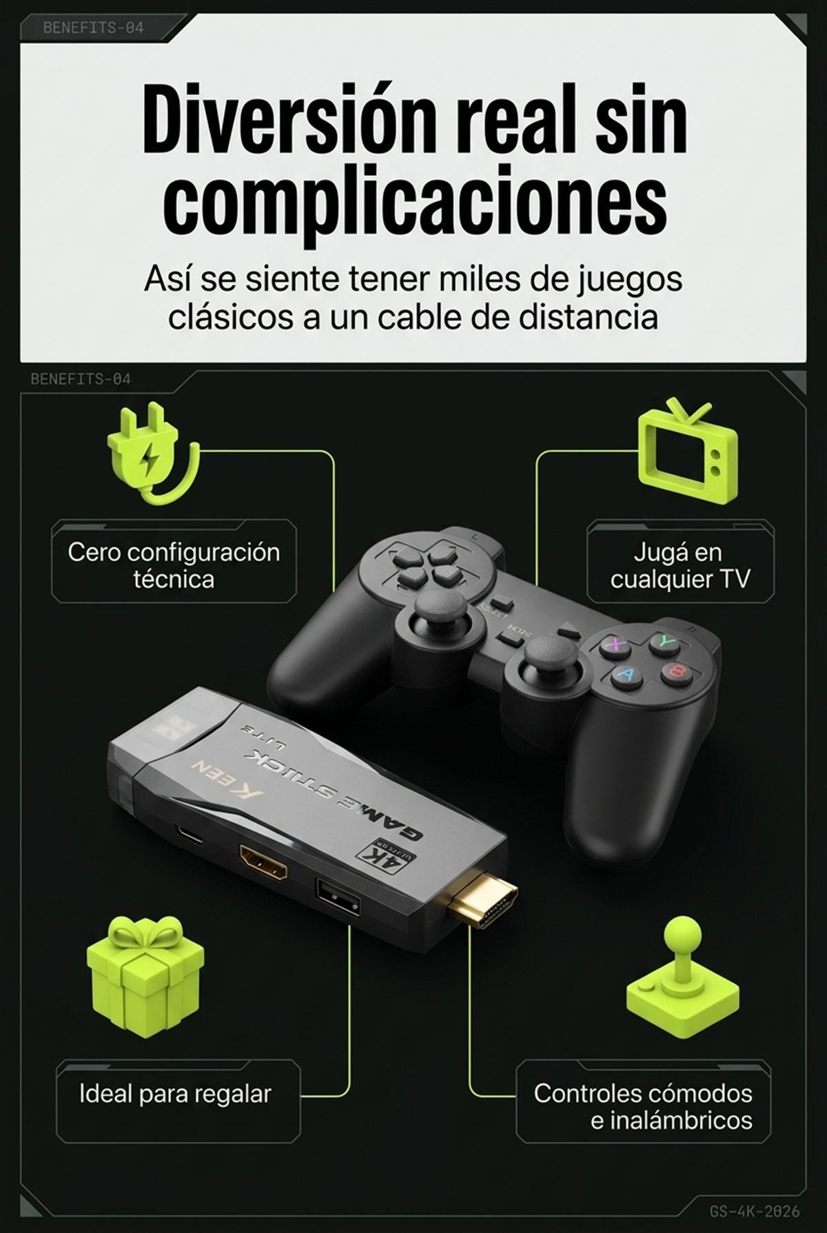 Beneficios del Game Stick Lite 4K: cero configuracion, cualquier TV, ideal para regalar