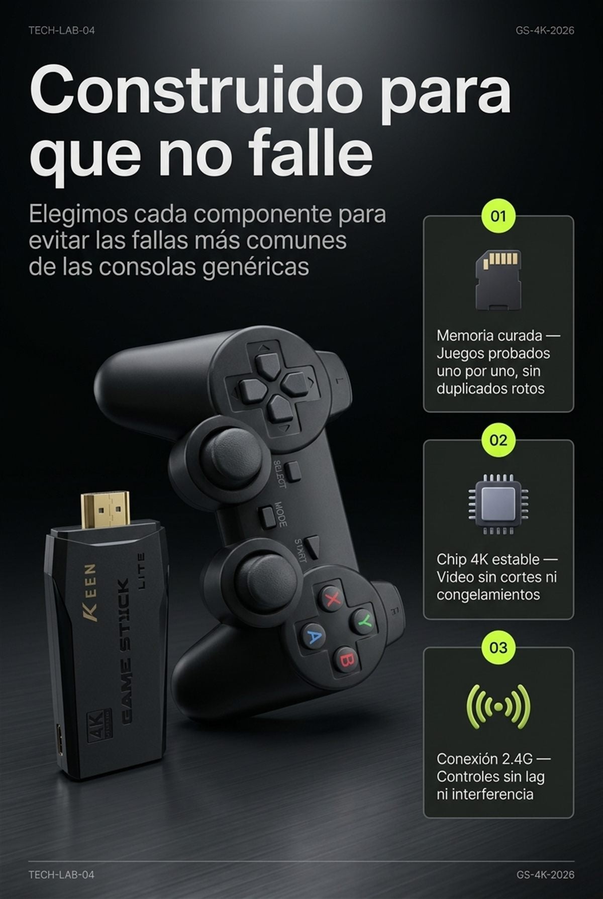 Componentes del Game Stick Lite 4K: memoria curada, chip 4K estable y conexion 2.4G