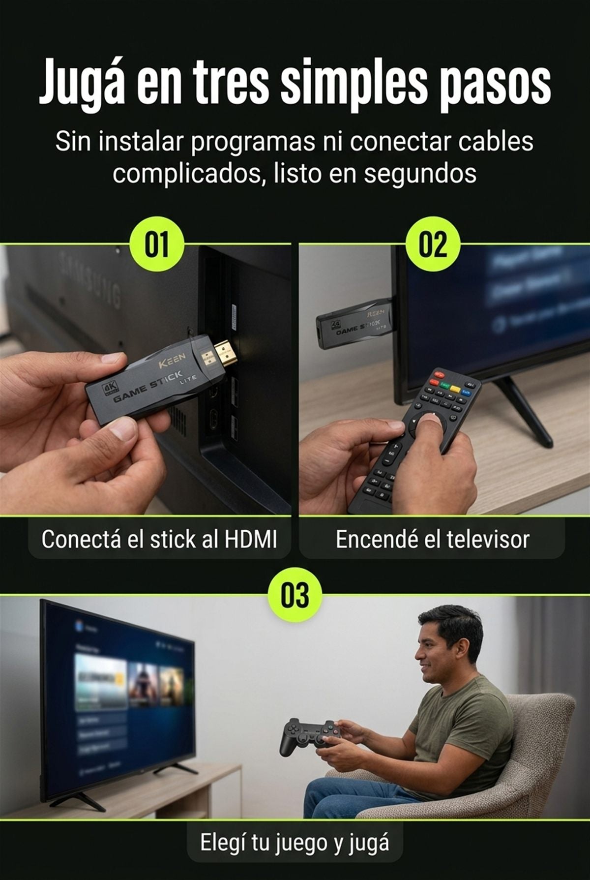 Como usar el Game Stick Lite 4K en tres pasos: conectar al HDMI, encender la TV y jugar