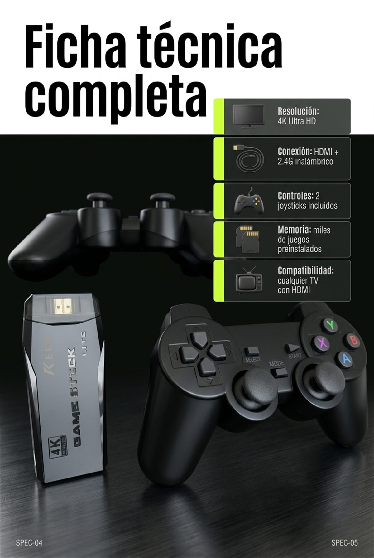 Ficha tecnica del Game Stick Lite 4K: 4K Ultra HD, HDMI, 2.4G y dos joysticks